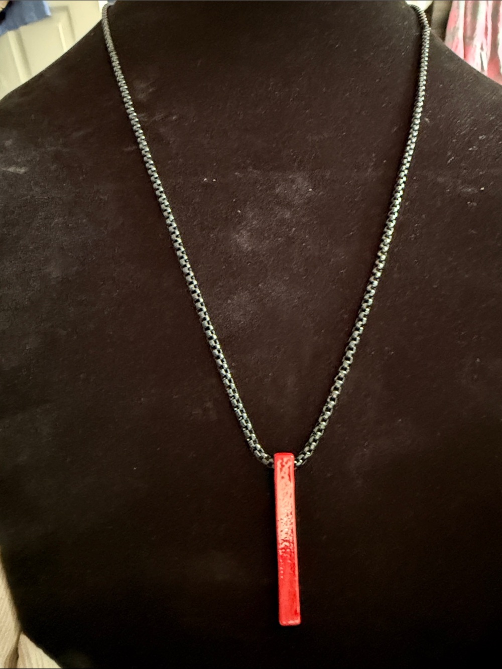 New Mens 15.5” Black Metal Chain Necklace with Red Bar Metal Pendant